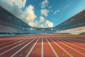 A bustling stadium ready for athletes to compete, surrounded by a lively atmosphere. The track and field are immaculately maintained, awaiting the start of an exciting event.
