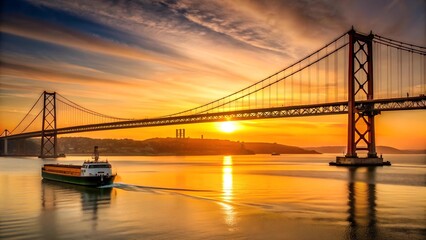 Obraz premium The 25th of April Bridge: A Golden Tapestry Against the Setting Sun AI generated