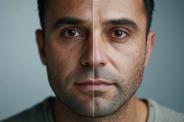 Portrait of a man with one side of his face showing a scar and the other side healed, representing scar treatment. High-resolution, detailed textures, crisp focus