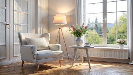 Fototapeta premium A Cozy Reading Nook with a White Armchair and a View, 3D Render, Interior Design, Living Room, Home Decor, armchair, reading nook