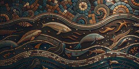 Detailed mosaic art depicting underwater scene