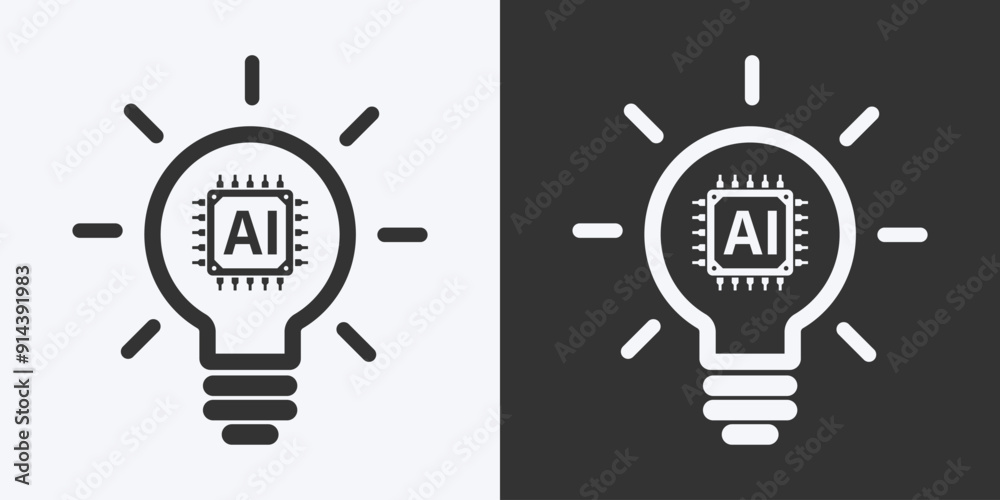 Poster Light bulb with AI chipset icon. Flat design. Artificial intelligence technology concept design. Big data and Machine learning. Vector illustration design for web, UX, UI, and app.