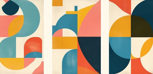 Minimalist and colorful abstract design featuring three geometric shapes of different sizes against a white background.