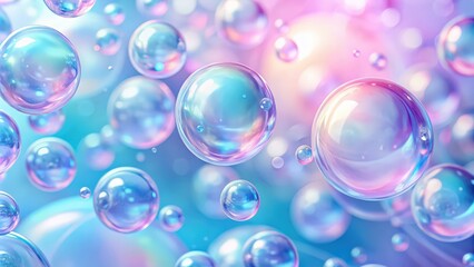 Abstract pastel pink and blue background with iridescent magical air bubbles, resembling glass balls or water drops, pastel