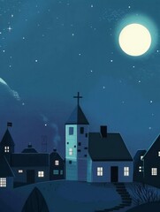 Fototapeta premium A Charming Nighttime Village Set Beneath a Beautiful Starry Sky Awaits Your Imagination