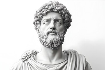 Marble Bust of Roman Emperor Marcus Aurelius with Stoic Expression and Laurel Wreath on Clean White Background