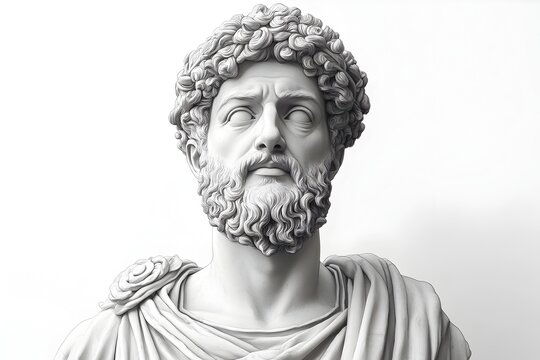 Marble Bust of Roman Emperor Marcus Aurelius with Stoic Expression and Laurel Wreath on Clean White Background