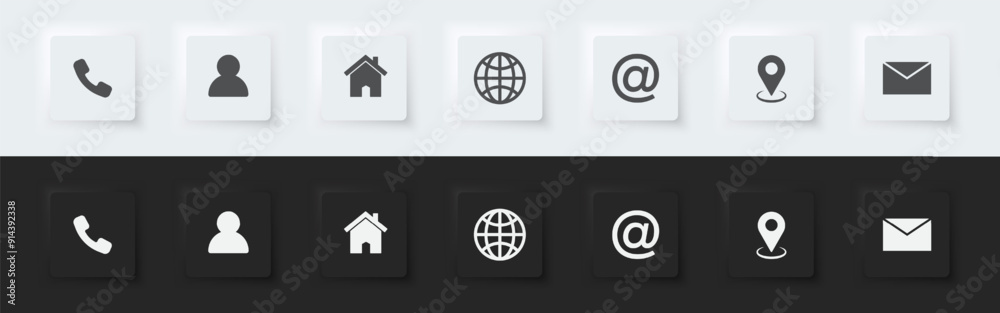 Poster set of contact us icons. web icon set. a set of black and white square buttons with contact us symbo