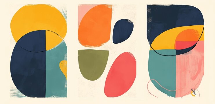 Minimalist and colorful abstract design featuring three geometric shapes of different sizes against a white background.