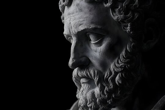 Epictetus Stone Carving - Serene Face with Blind Eyes and Philosopher's Robe on Pure Black Background
