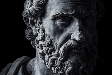 Epictetus Stone Carving Portrayal Showcasing Serene Facial Features and Philosopher's Robe on Pure Black Background