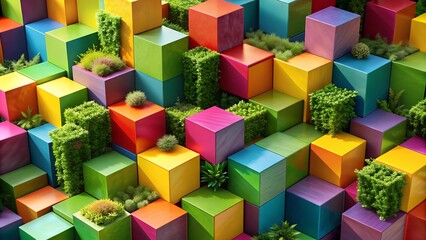 Obraz premium Geometric Harmony: Interlocking Boxes and Lush Greenery Generative AI