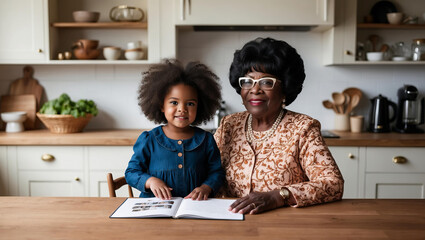 Grandmother and granddaughter share joyful moments as they explore photo album at kitchen table