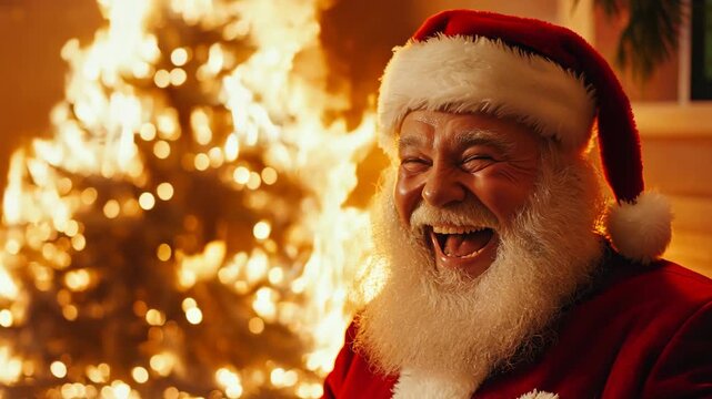 Crazy santa claus laughing against burning decorated christmas tree, bad horror christmas holiday concept