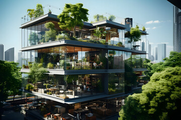 Modern glass building with integrated greenery, showcasing sustainable architecture.