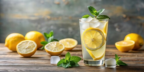 Fototapeta premium Refreshing glass of fresh lemonade with ice cubes and lemon slices, lemonade, fresh, drink, glass, cold, ice, cubes, citrus