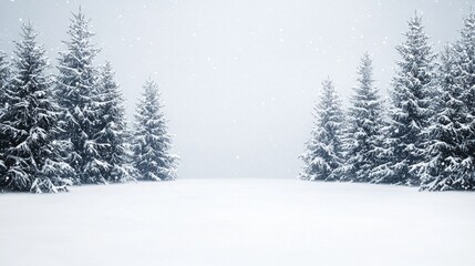 Naklejka premium Delightful winter landscape featuring a serene backdrop of snow-laden evergreens and festive decorations celebrating the holiday spirit