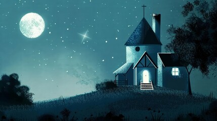 Fototapeta premium A Beautiful and Serene Night Scene Featuring a Charming House Illuminated by the Moonlight