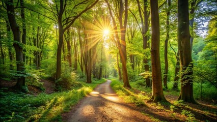 Fototapeta premium A Serene Forest Path Bathed in Golden Sunlight Generative AI