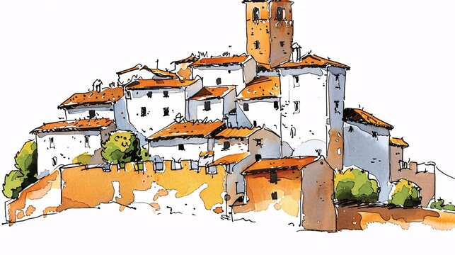 This detailed pen and ink drawing captures a compact hillside town with characteristic orange roofs and a central tower, highlighting the intricate and historical architectural elements with a modern