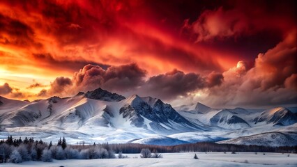 Frozen Peaks Under a Crimson Sky  AI generated