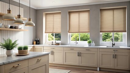Beige blackout roller blind and shutters in stylish modern kitchen, Beige, blackout, roller blind, windows