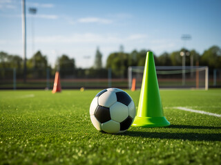 Obraz premium Soccer ball and training cone on green turf with blurred player background
