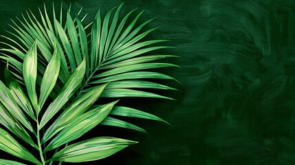 Fototapeta premium An illustration of green tropical palm leaves showcased on a richly textured dark green background, depicting lush and vibrant foliage, ideal for tropical-themed projects.