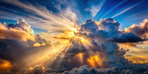 Heavenly sunlight breaking through fluffy clouds in a dramatic display , sunlight, heavenly, breaking through, clouds, dramatic