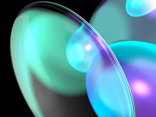 虹色に輝く球体とレンズの3D イラストレーション