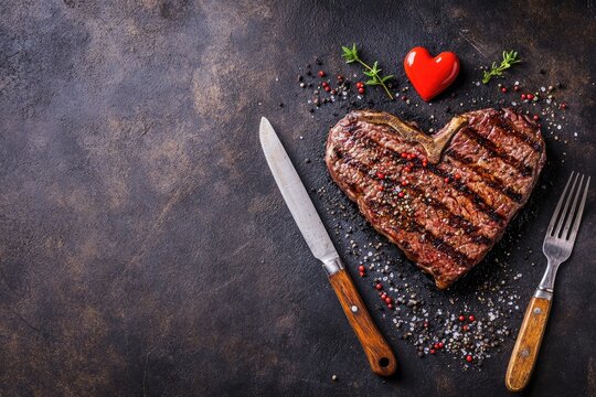 Heart-Shaped Grilled Steak with Spices and a Red Heart