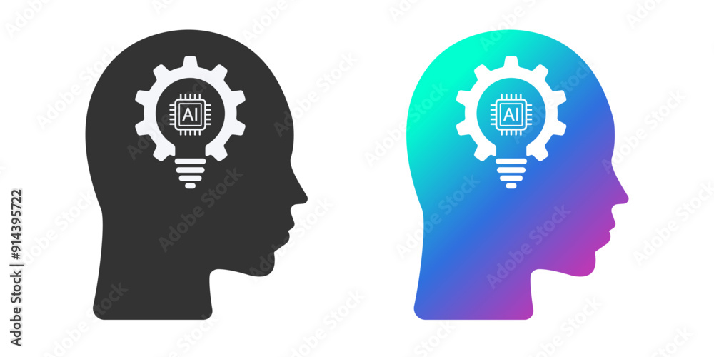 Poster Human face with a light bulb AI icon. Artificial intelligence technology concept design. Technological brain. Flat design symbols Isolated on white background. Vector illustration.