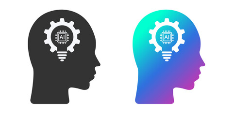 Human face with a light bulb AI icon. Artificial intelligence technology concept design. Technological brain. Flat design symbols Isolated on white background. Vector illustration.