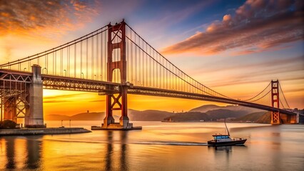 Obraz premium Golden Hour Embrace: The 25th of April Bridge Bathed in Sunset Hues Generative AI