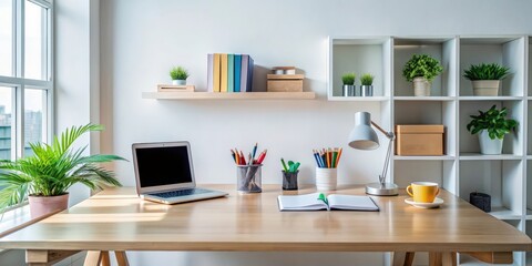 Clean and organized desk with supplies , minimalist, tidy, decluttered, workspace, neat, efficient, arrangement