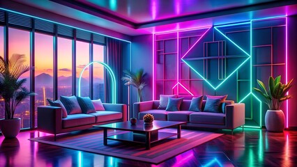 Neon Dreamscape: A Retro-Futuristic Living Room with Glowing Geometric Shapes  AI generated