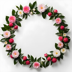 Round frame of pink and white camellia flowers on white background