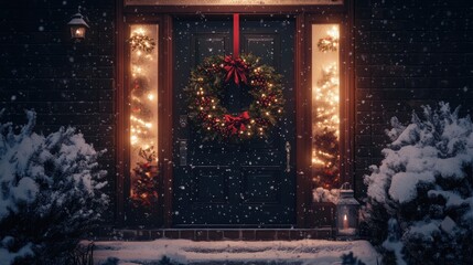 Obraz premium A vibrant holiday wreath adorns a front door, illuminated by soft lights while snow gently falls around the cozy entrance