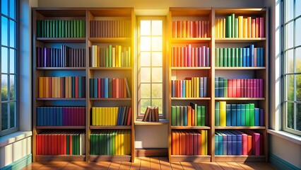 A Symphony of Colors: A Whimsical Bookshelf in a Sunlit Library  AI generated