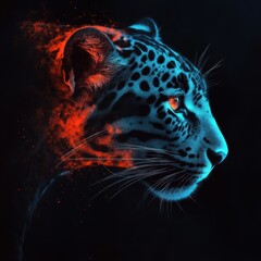 a leopard with a red and blue light on its face