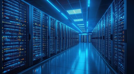 A futuristic data center with glowing blue lights illuminating rows of servers, showcasing technology and digital storage evolution.