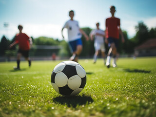Obraz premium Teens playing football on lush green grass in summer