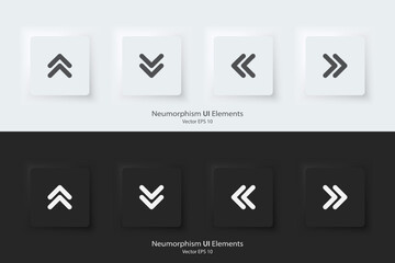 Direction sign. A set of black and white square buttons with direction symbols. The arrow up, down, right, left icon. 3D Neumorphism design style for Apps, Websites, Interface, and mobile apps. UI UX.