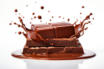 Floating of solid dark chocolates in big swirl of melted chocolate