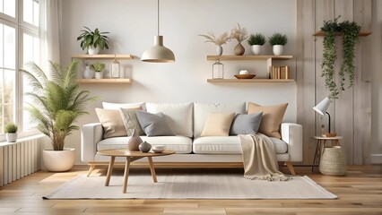 Fototapeta premium Serene Scandinavian Living Room with a Plush White Sofa and Natural Wood Accents AI generated