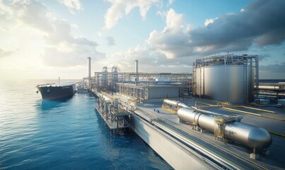 Obraz premium Futuristic Hydrogen-Powered Port: 4K AI-Generated Illustration of Clean Energy Revolution in Maritime Industry. Innovative Concept Featuring Massive Steel Tanks and Pipelines for Sustainable Shipping 