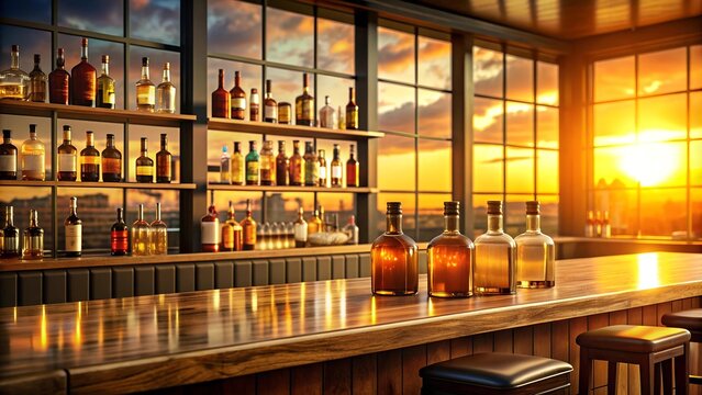 The Golden Hour Glow: A Si?fok Bar Counter Bathed in Warm Light  generative AI