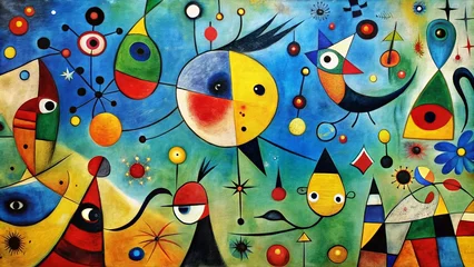 Papier peint photo Photos Abstract Surrealism A Dance of Shapes and Colors on Canvas, abstract art, surrealism, miro style, modern art  © BrilliantPixels