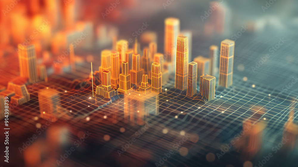 Poster a cityscape is shown in a computer generated image with a lot of detail