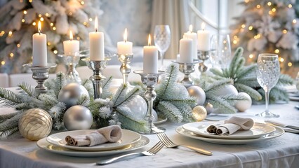 A Winter Wonderland Table Setting: Snowy White and Silver Christmas Decorations  AI generated